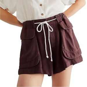 NWT Free People Linen Shorts Drawstring  Off Shore Utility Loose Baggy Brown XS
